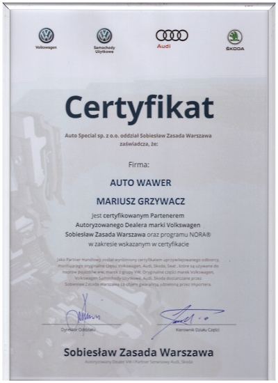 Certyfikat Sobiesław Zasada dla Autowawer